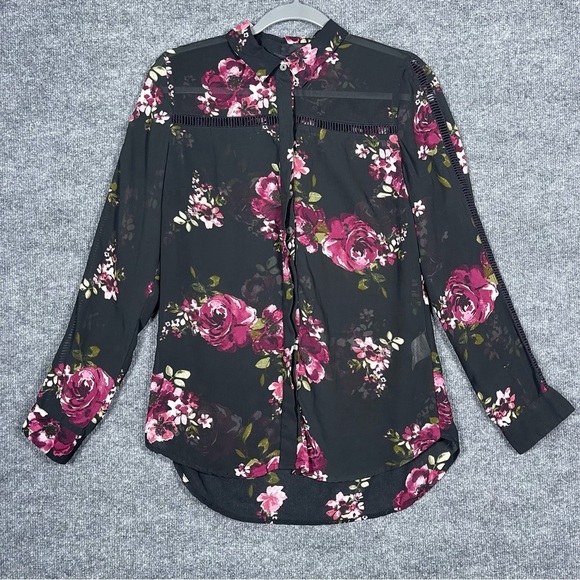KUT From The Kloth Black Sheer Floral Button Down Long Sleeve 90s Y2K Small - Picture 1 of 10